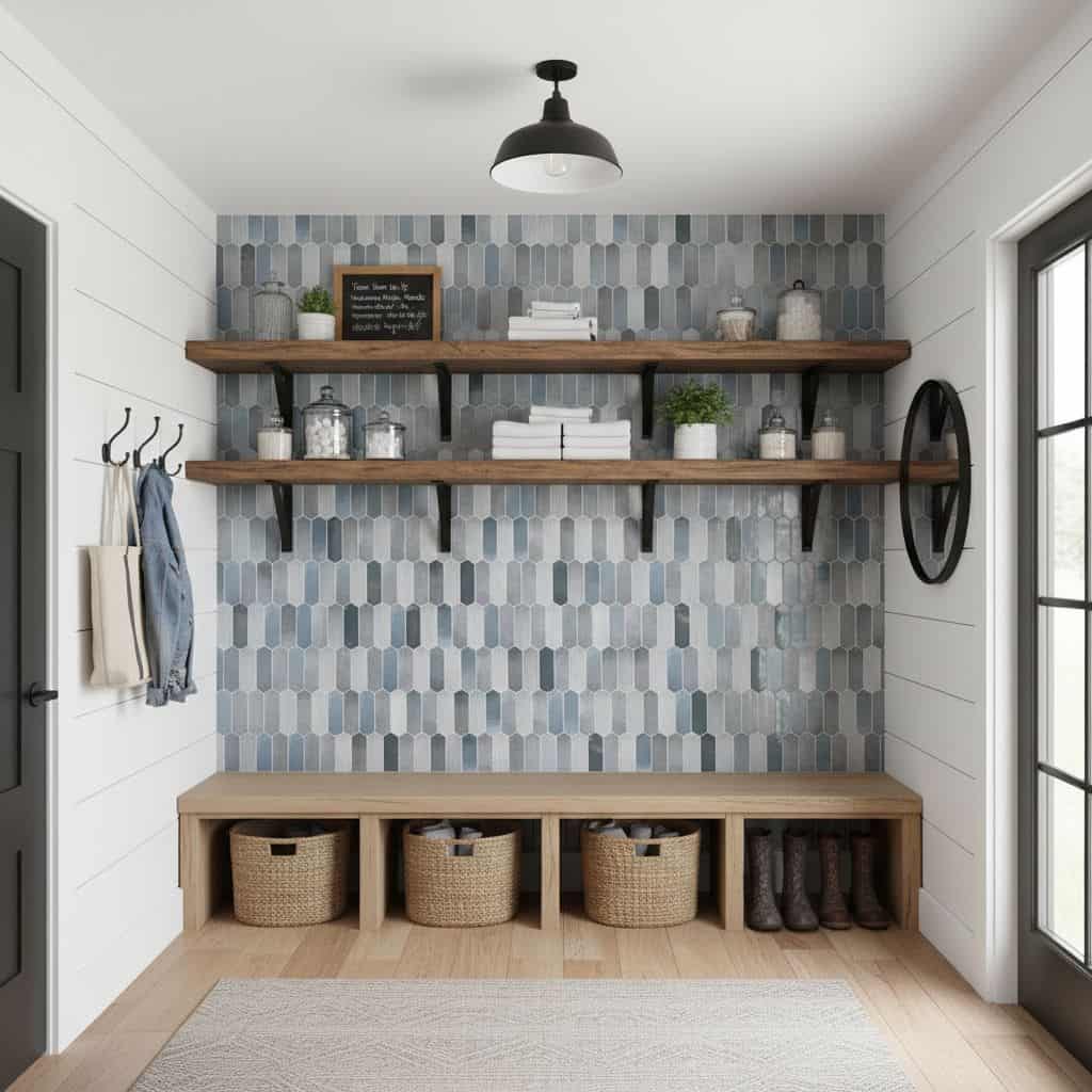 Decorative peel and stick wall tile in a modern geometric pattern. Easy to install backsplash for kitchen or bathroom walls.