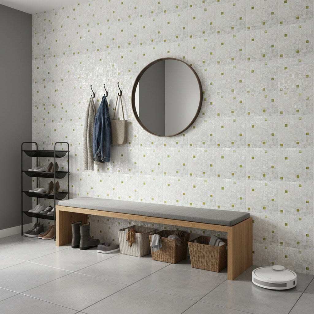Decorative shell tile wall with mother of pearl accents and a round mirror in a modern entryway.