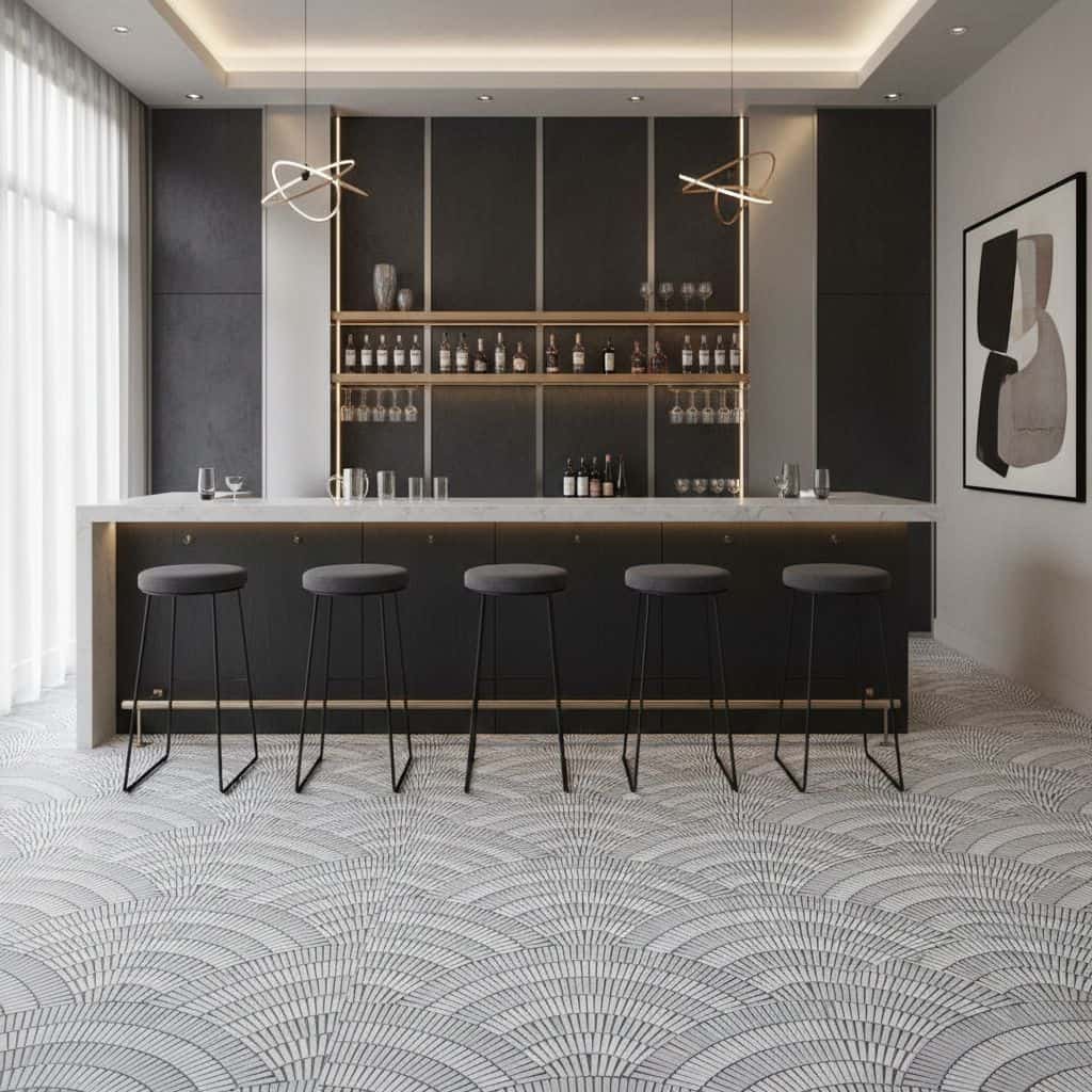 Modern black and gold textured tile in a sleek bar area with minimalist decor.