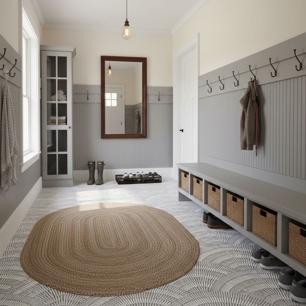 Neutral-colored rug and wall hooks in a cozy entryway.