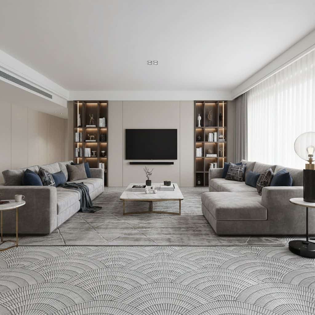 Gray textured fabric sofas with blue and beige cushions, sleek white coffee table, and built-in wooden shelves with decorativ.