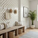 Beige and white ceramic tile with a textured surface, featuring a coastal-inspired pattern, perfect for a bright, airy home d.