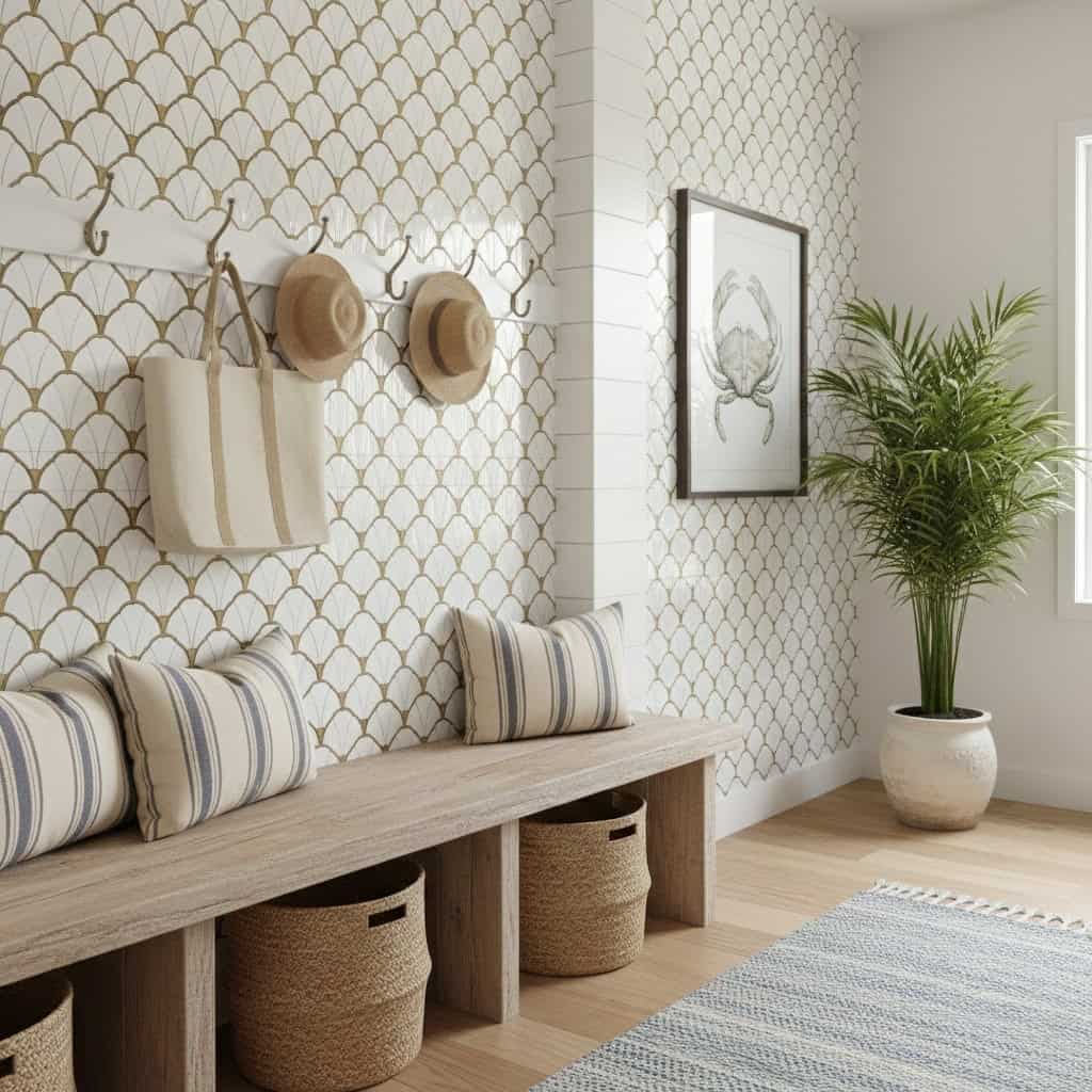 Beige and white ceramic tile with a textured surface, featuring a coastal-inspired pattern, perfect for a bright, airy home d.