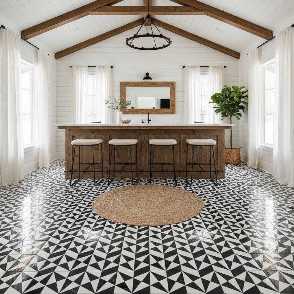 Bright kitchen with black and white patterned tiles, white walls, wooden island, and natural light.