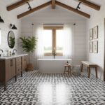 Black and white geometric patterned tiles with a matte finish, creating a modern and stylish look.