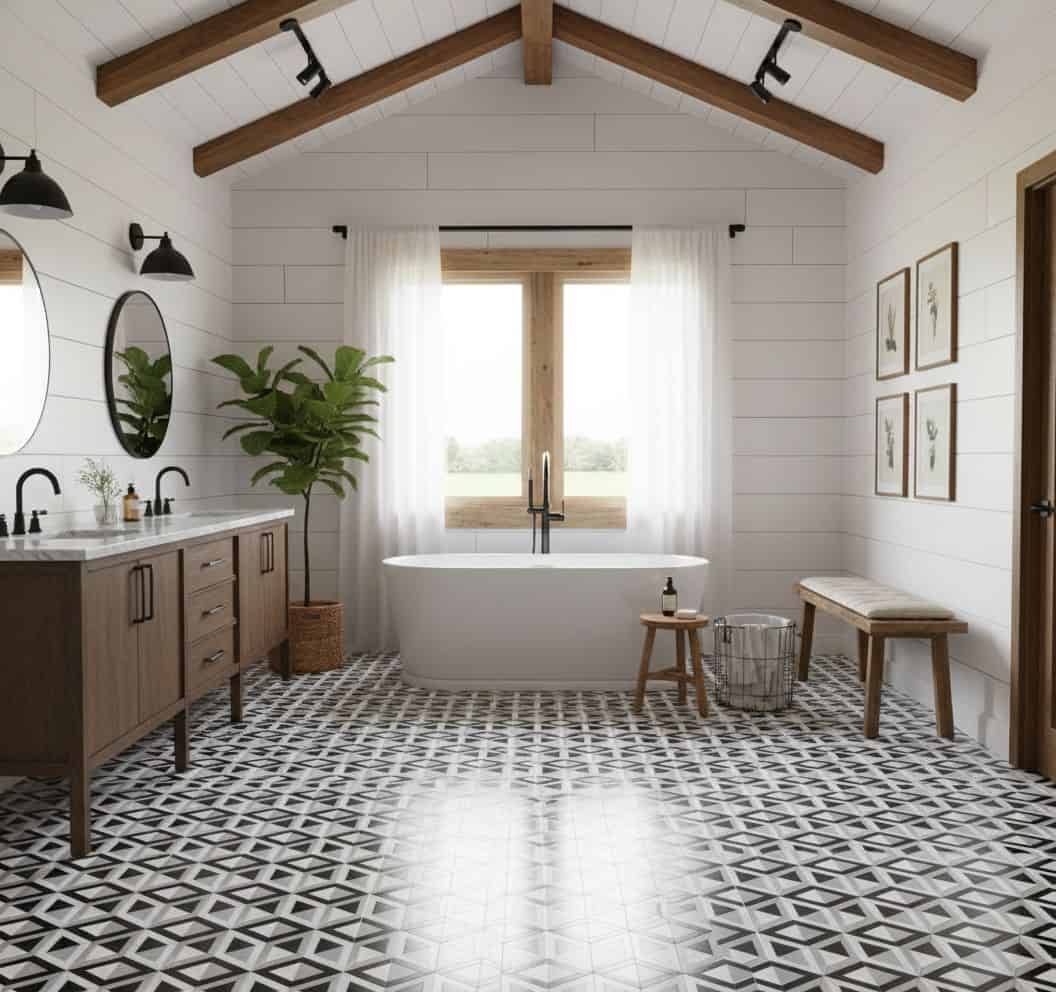 Black and white geometric patterned tiles with a matte finish, creating a modern and stylish look.