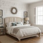 Bright white wood-textured tiles in a cozy bedroom setting.