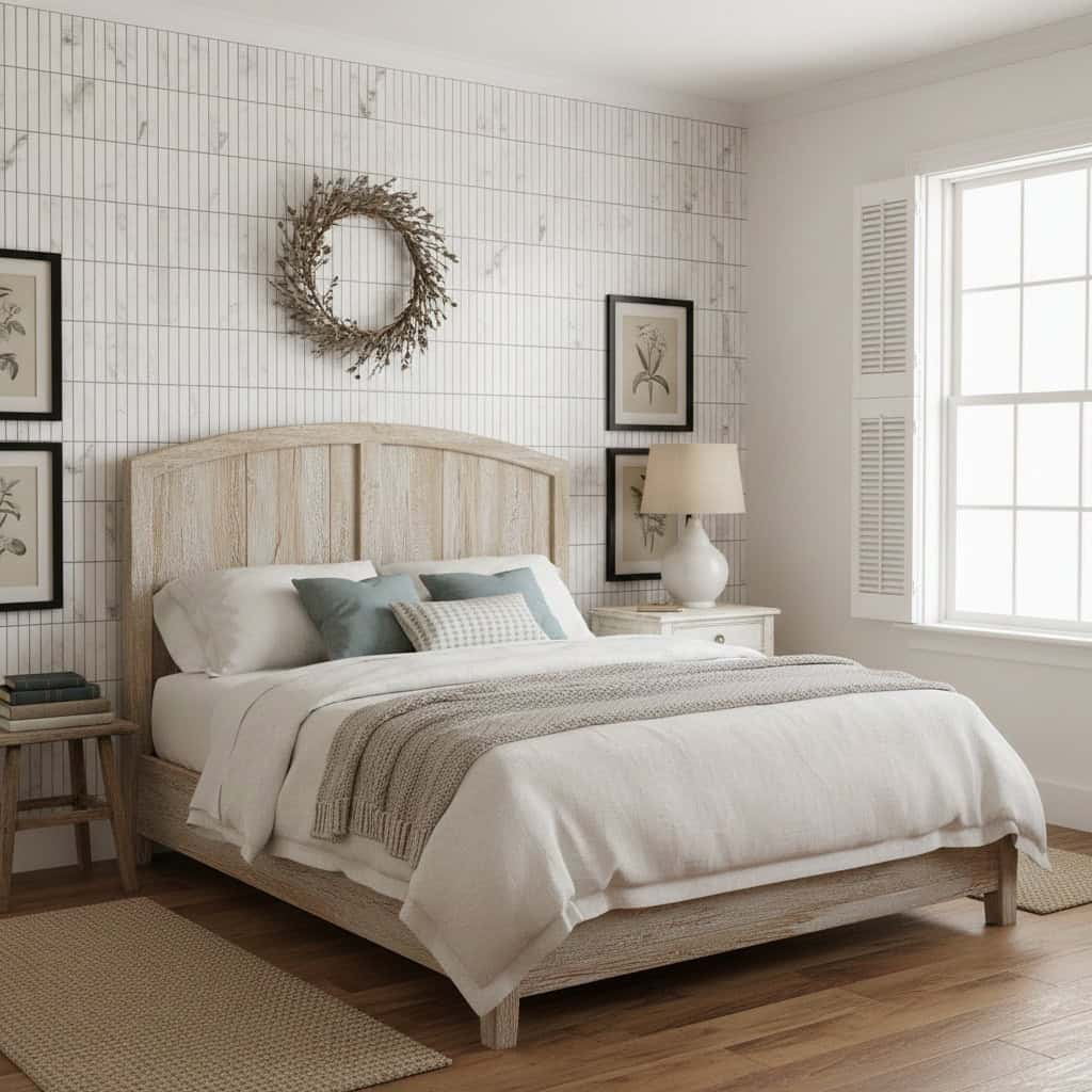 Bright white wood-textured tiles in a cozy bedroom setting.