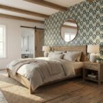 Leafy patterned wall tile in bedroom, natural wood furniture, cozy decor, neutral tones.