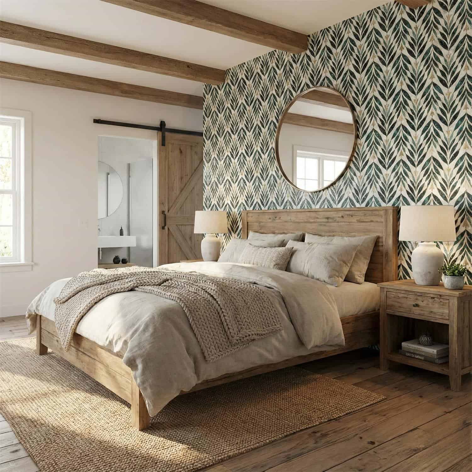 Leafy patterned wall tile in bedroom, natural wood furniture, cozy decor, neutral tones.
