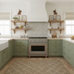 Image of a modern kitchen with peel and stick wall tiles behind the stove. Green cabinets, open wooden shelves, and natural l.