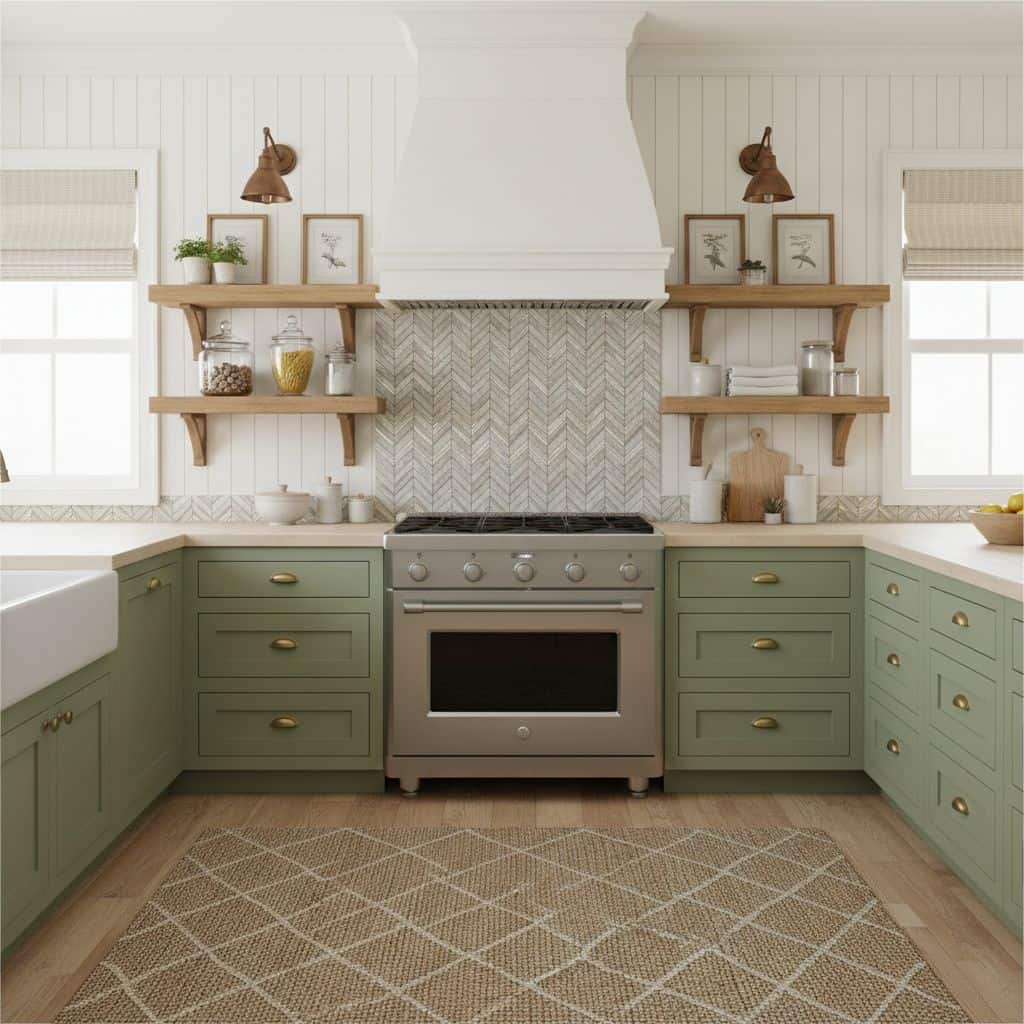 Image of a modern kitchen with peel and stick wall tiles behind the stove. Green cabinets, open wooden shelves, and natural l.