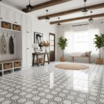 Bright living room with white walls, large windows, and natural light, featuring black and white patterned ceramic tiles.