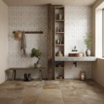 Beige stone floor tiles with a matte finish, textured surface, and natural stone appearance.