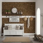Wall with peel and stick tile backsplash in farmhouse style.