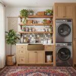 A functional laundry space featuring peel and stick wall tile behind the sink and washer/dryer, complemented by wooden shelve.