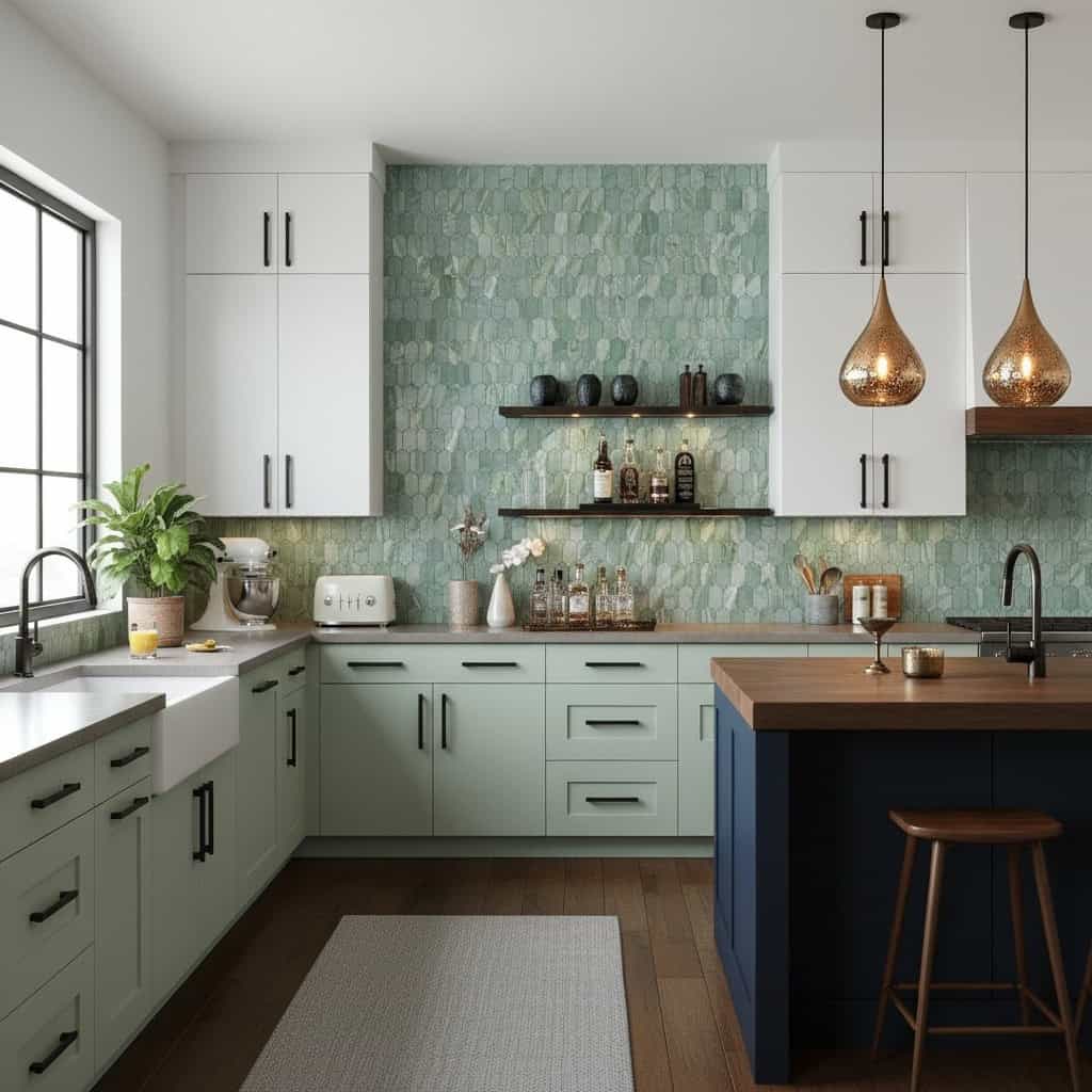 Mint green textured ceramic tiles for kitchen backsplash, creating a fresh and modern look with a subtle pattern.
