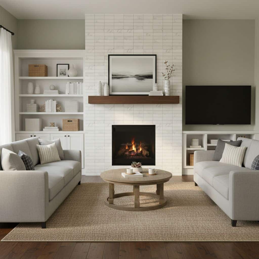 Bright white brick tile fireplace with a modern design in a cozy living room.