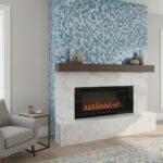 Fireplace with blue seashell tile and marble surround, modern home decor.