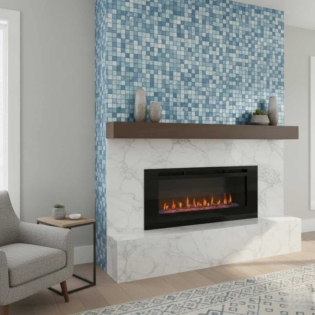 Fireplace with blue seashell tile and marble surround, modern home decor.