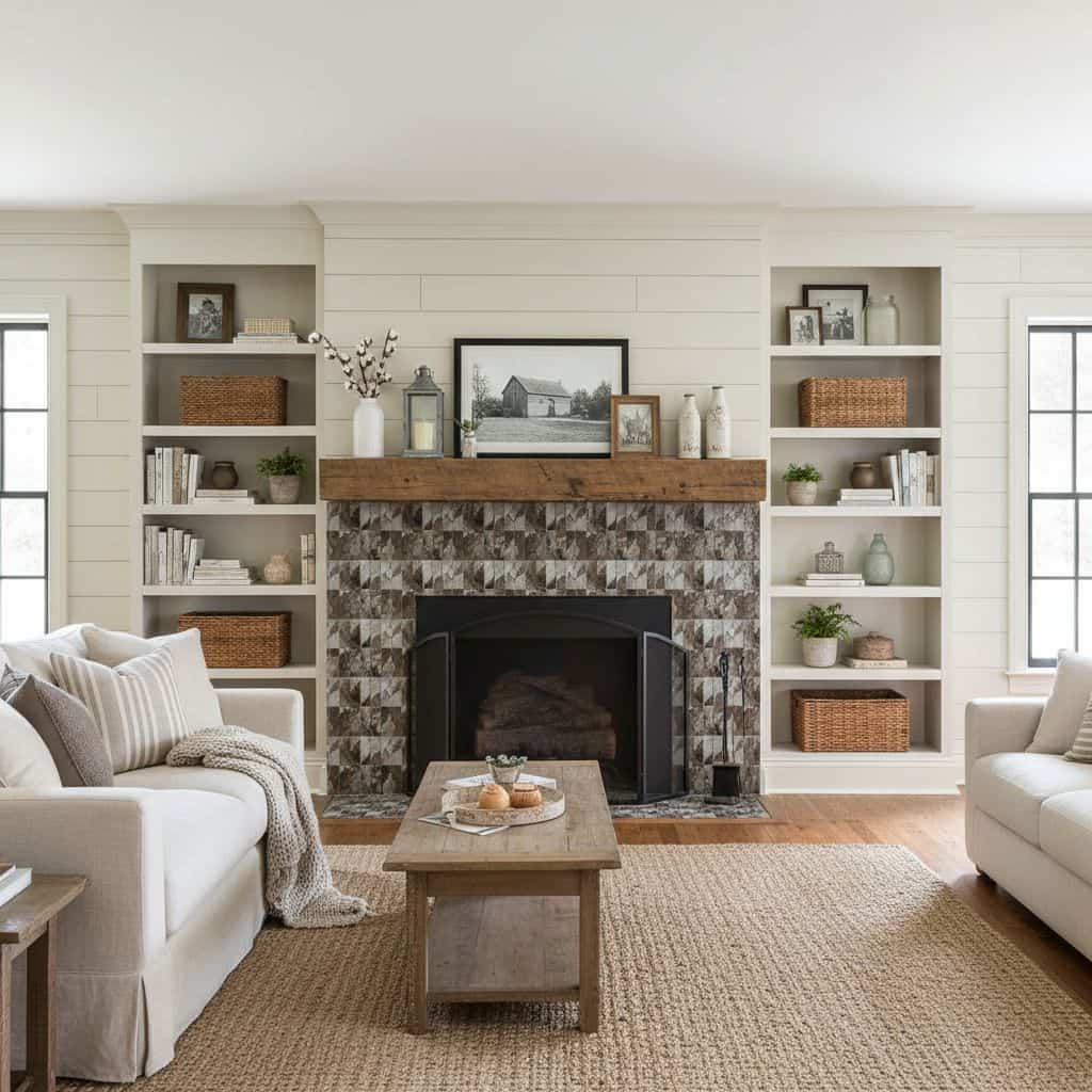 Image of a living room featuring a fireplace with a glass tile surround, flanked by built-in shelves filled with decor and bo.