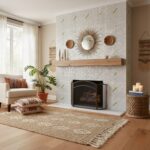A stylish living room featuring a shell tile fireplace with a rustic wooden mantel, complemented by natural decor and soft li.