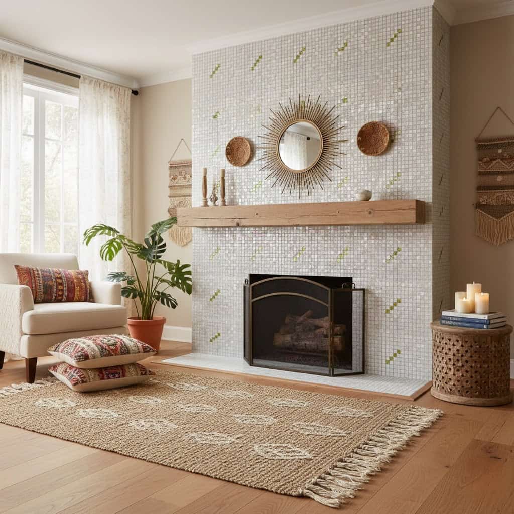 A stylish living room featuring a shell tile fireplace with a rustic wooden mantel, complemented by natural decor and soft li.