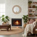 Fireplace with mother of pearl shell tile wall and cozy living room setting.