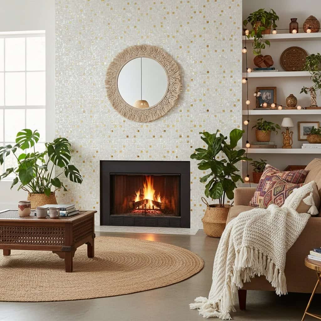 Fireplace with mother of pearl shell tile wall and cozy living room setting.