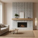 Gray brick fireplace wall with a wooden mantel and minimalist decor.