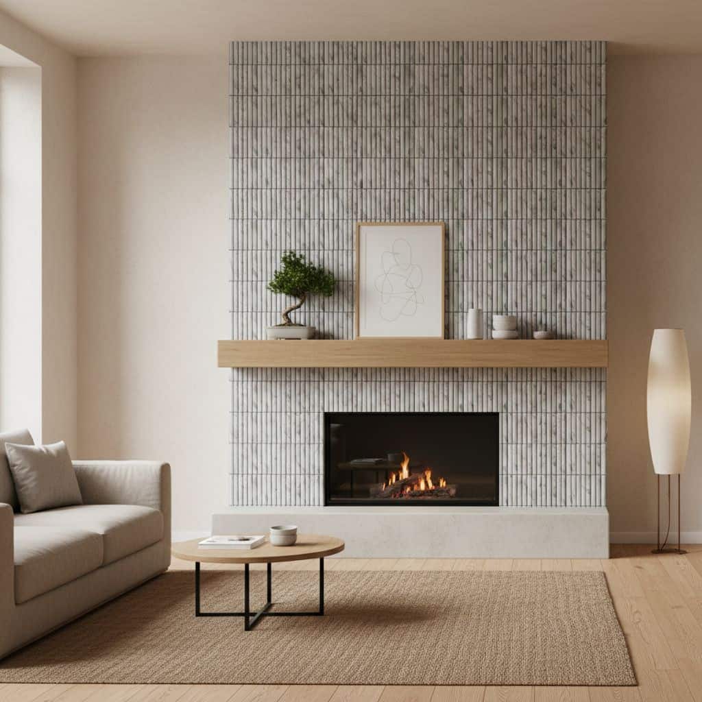 Gray brick fireplace wall with a wooden mantel and minimalist decor.
