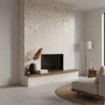 Fireplace with elegant mother of pearl shell tile surround, creating a luxurious and reflective focal point in the living roo.