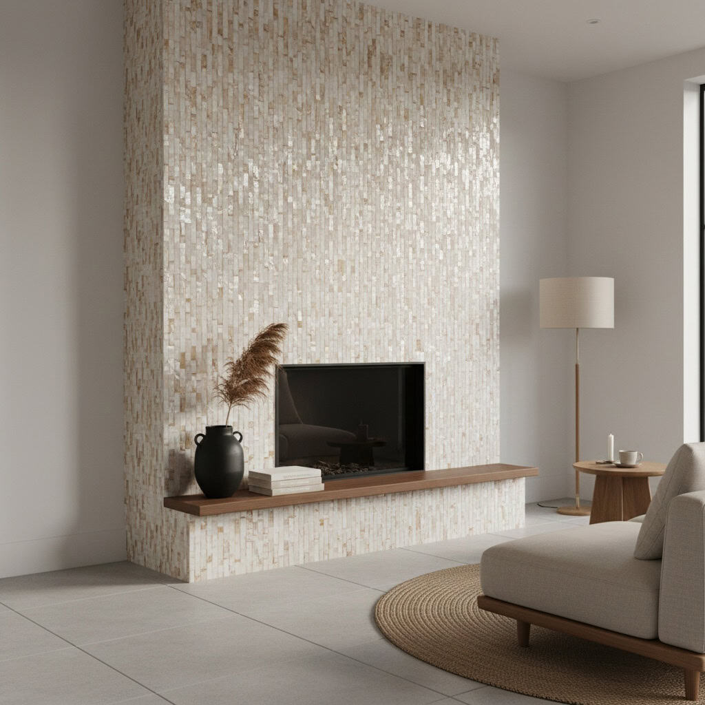 Fireplace with elegant mother of pearl shell tile surround, creating a luxurious and reflective focal point in the living roo.