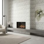 Mother of pearl shell tile used on fireplace wall, creating a luxurious and elegant look with shimmering pearl accents.