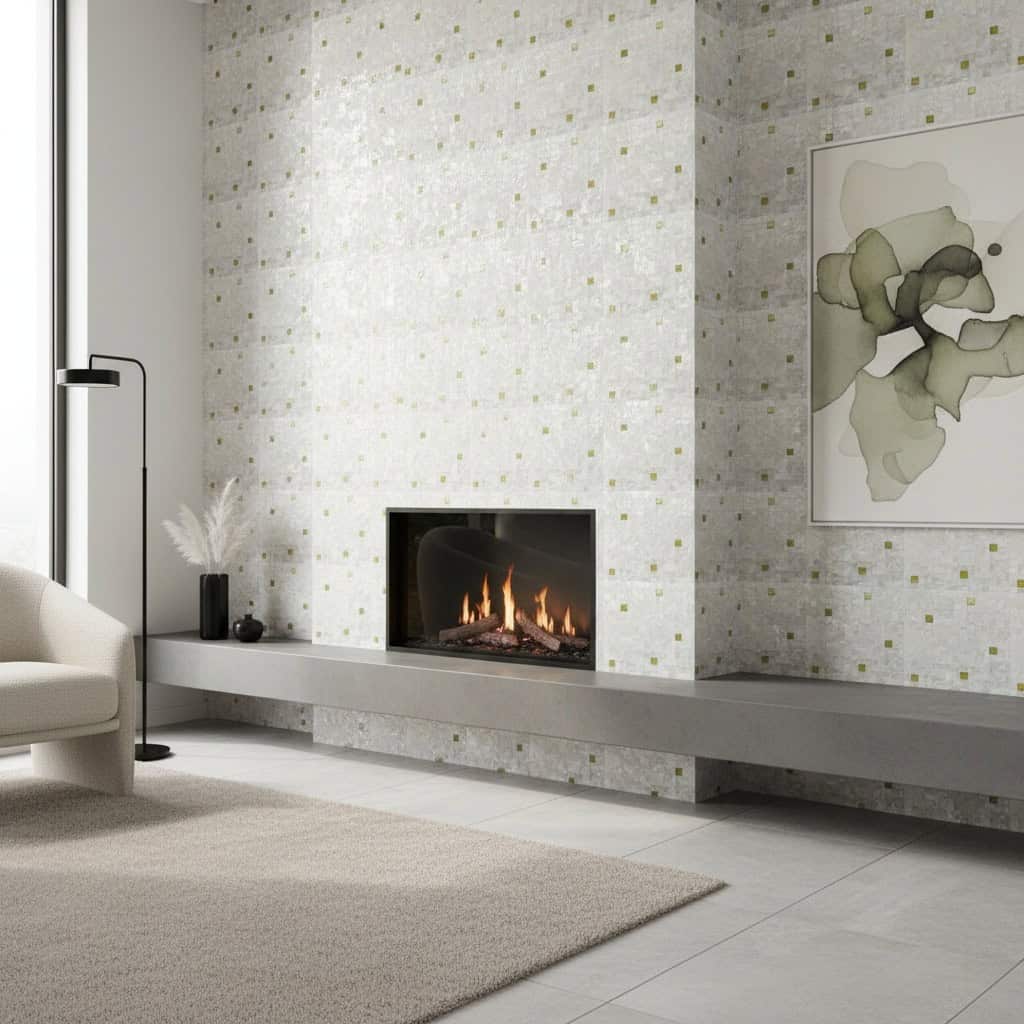 Mother of pearl shell tile used on fireplace wall, creating a luxurious and elegant look with shimmering pearl accents.