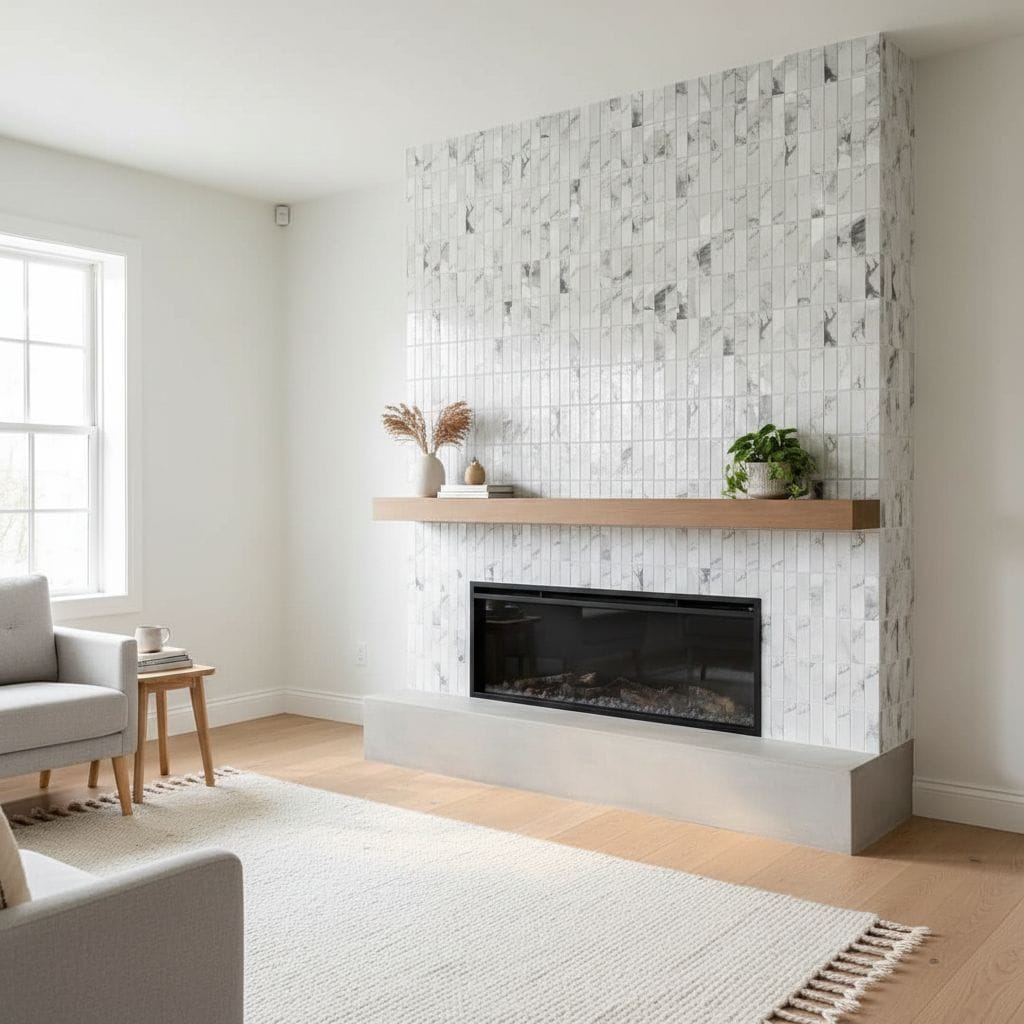 Modern fireplace with a white marble glass tile backsplash in a bright living room.