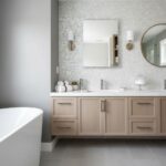 A modern bathroom featuring a light-colored shell tile backsplash, enhancing the space with a natural, elegant look.