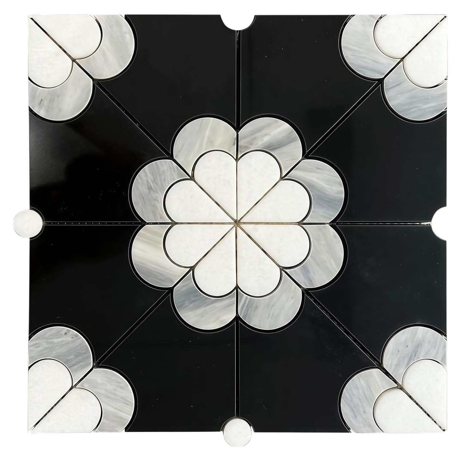 Black and white ceramic tile with floral geometric pattern, glossy finish, and intricate design.