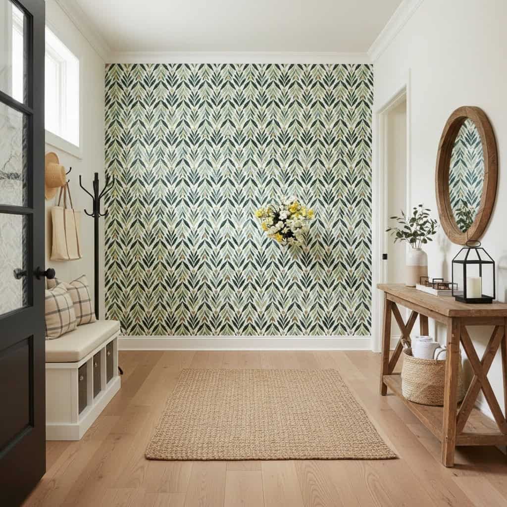 Green and white textured tile wall with a leafy pattern, creating a fresh and natural ambiance.