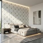 Bright, textured gray and white patterned tile wall behind the bed, creating a contemporary and elegant bedroom ambiance.