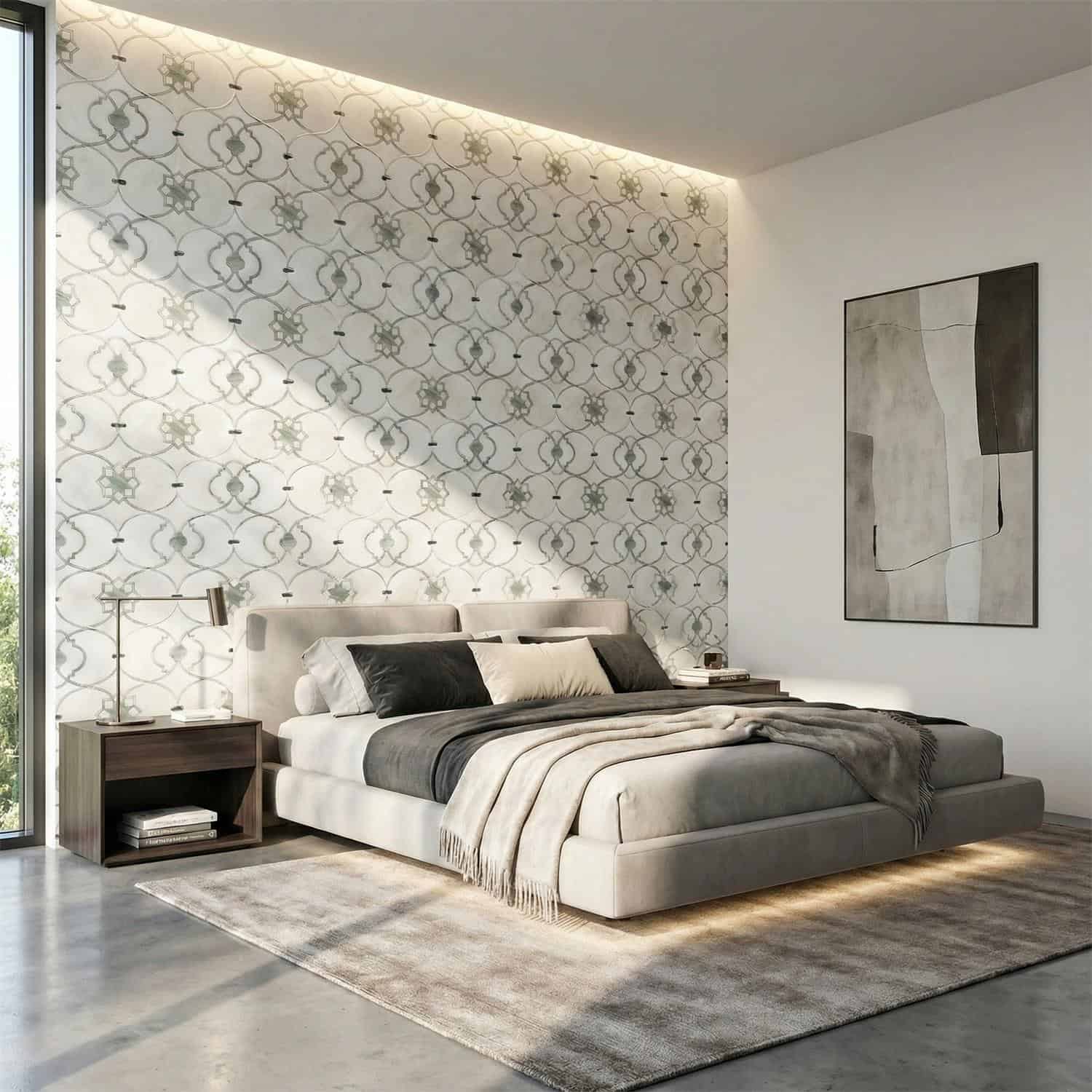 Bright, textured gray and white patterned tile wall behind the bed, creating a contemporary and elegant bedroom ambiance.