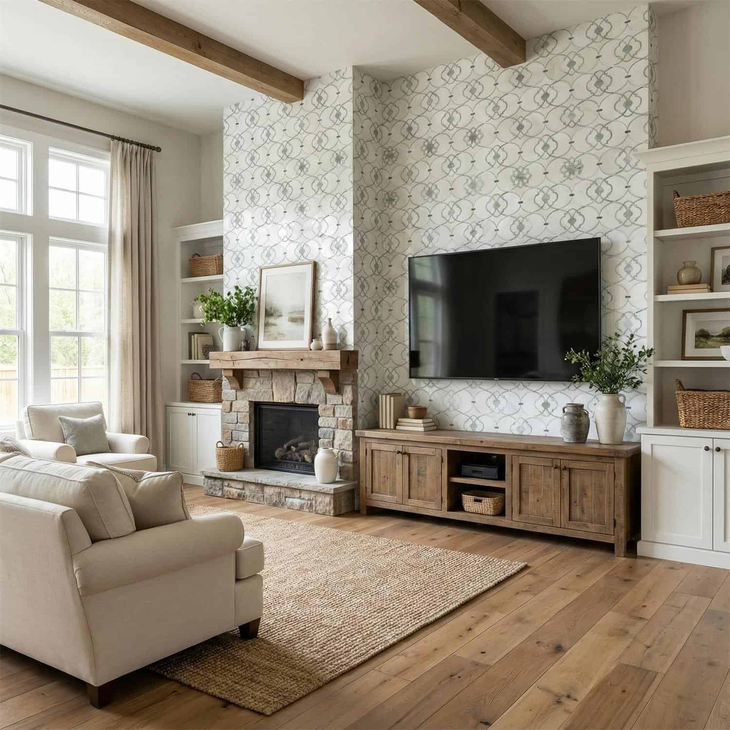 Patterned wallpaper in neutral tones with geometric design, textured finish, and subtle color accents.