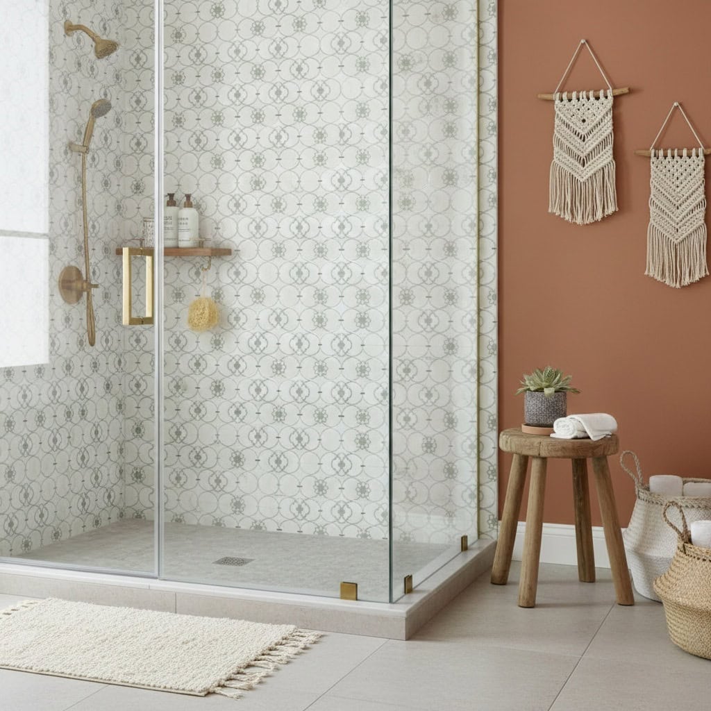 Light-colored geometric patterned shower tiles with textured surface.