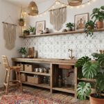 Bright boho kitchen featuring a wooden counter, lush green plants, and decorative wall art. Cozy, natural, and inviting inter.