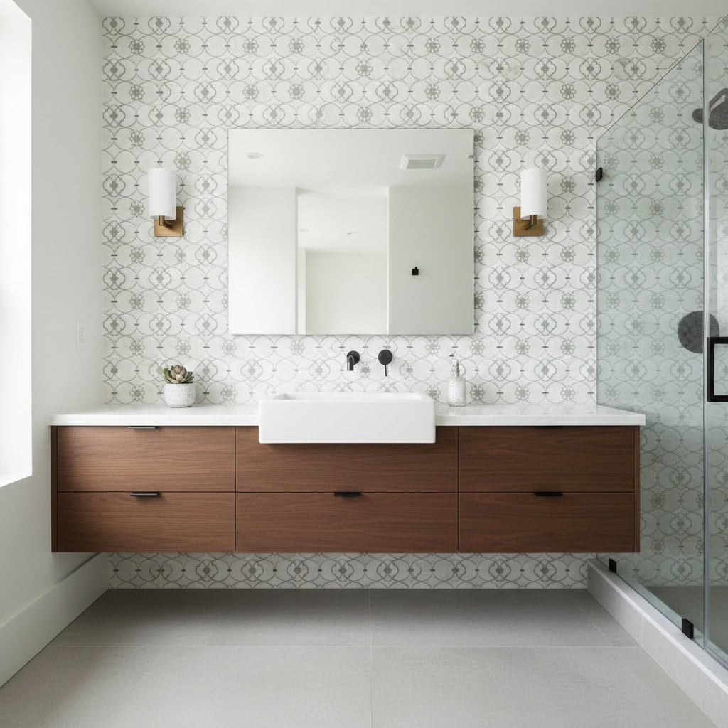 White and gray patterned ceramic tiles on bathroom wall, smooth texture, modern design.