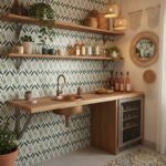 Bright green and beige leaf design tile with textured surface.