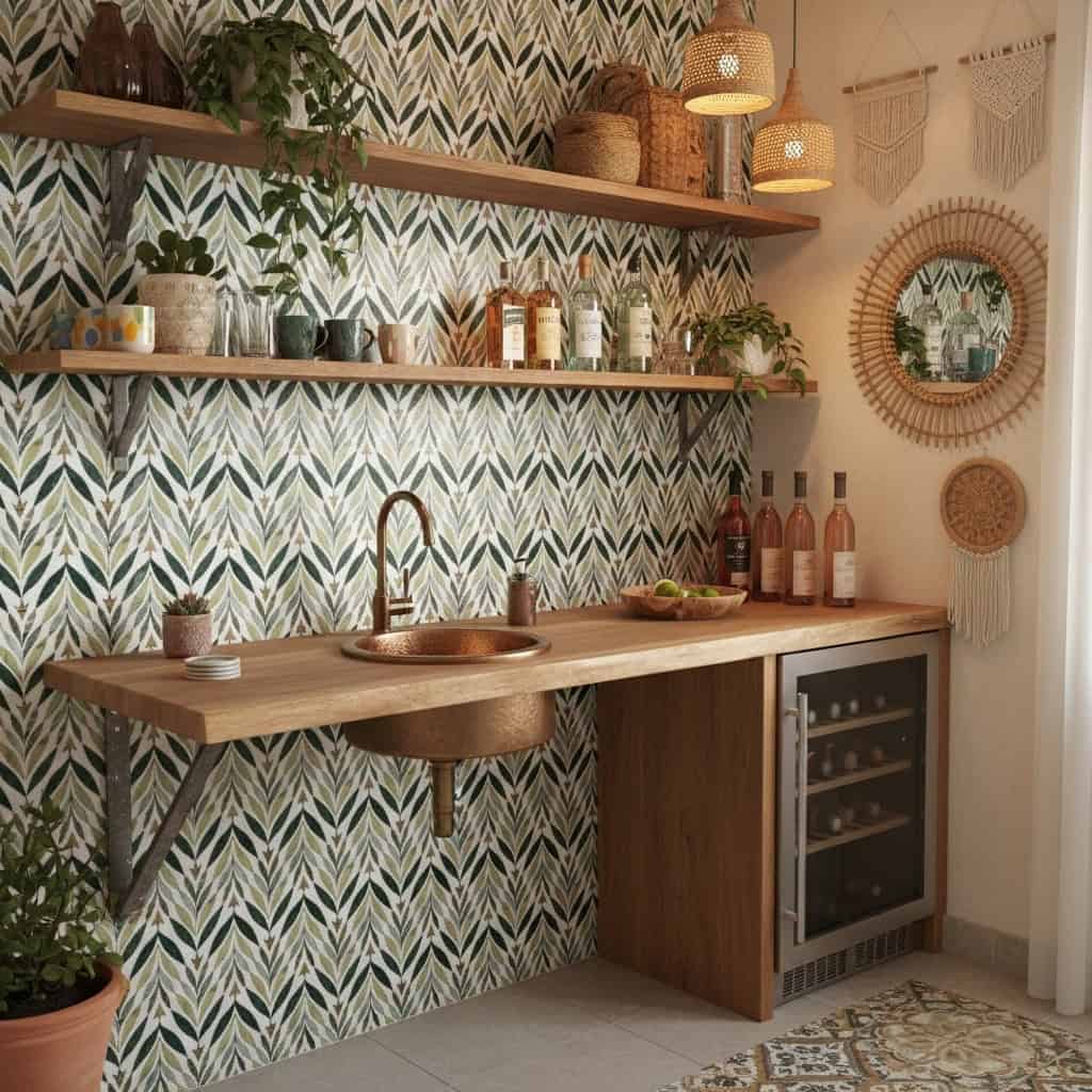 Bright green and beige leaf design tile with textured surface.