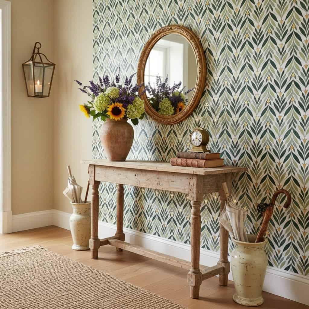 Decorative wallpaper with sunflower and green leaf design, textured surface, vibrant colors.