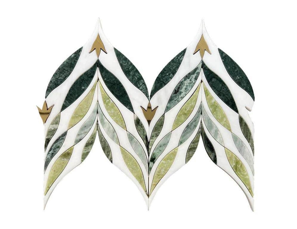 Green and white leaf-patterned ceramic tile with textured surface.