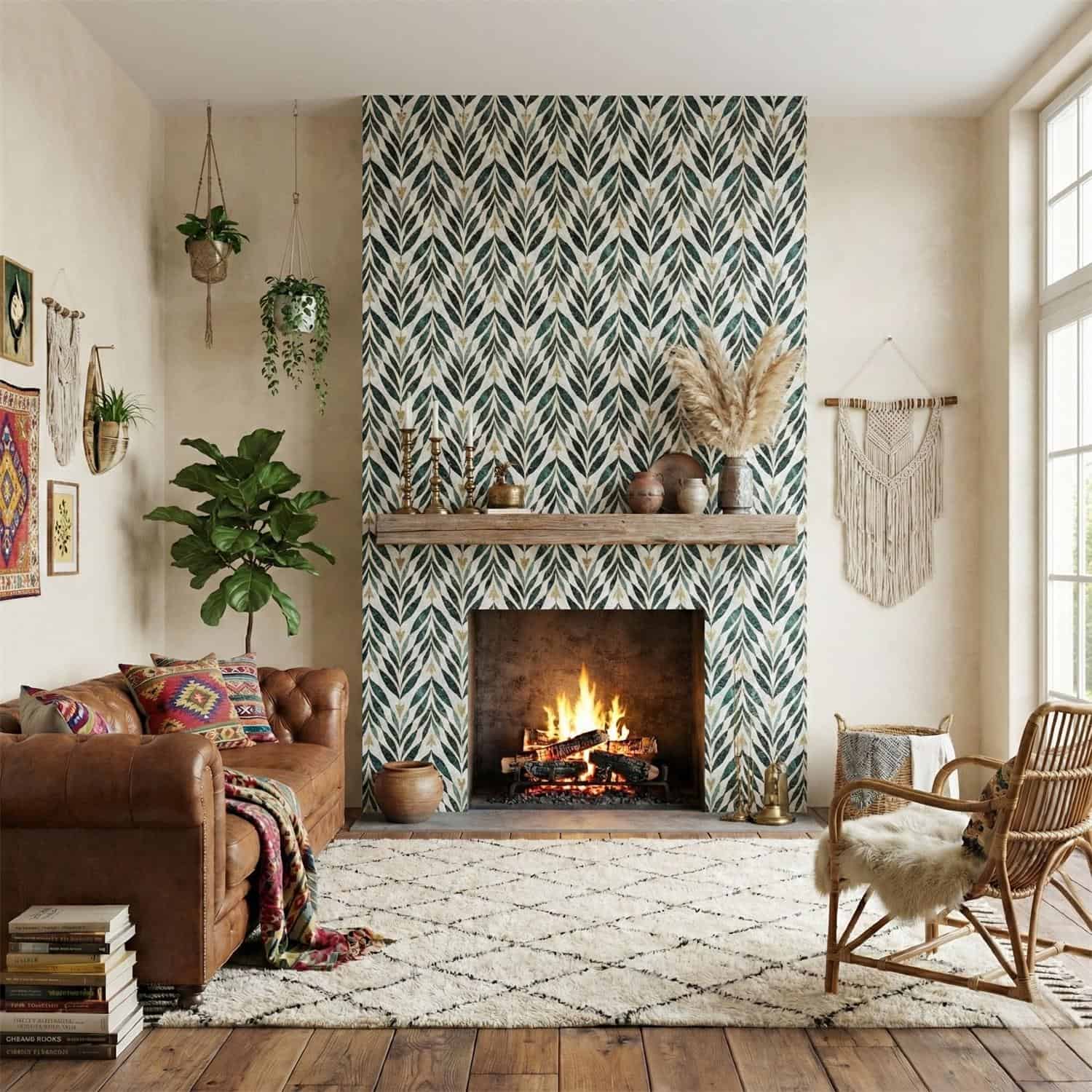 Decorative leaf-patterned tile in shades of green and beige around fireplace.